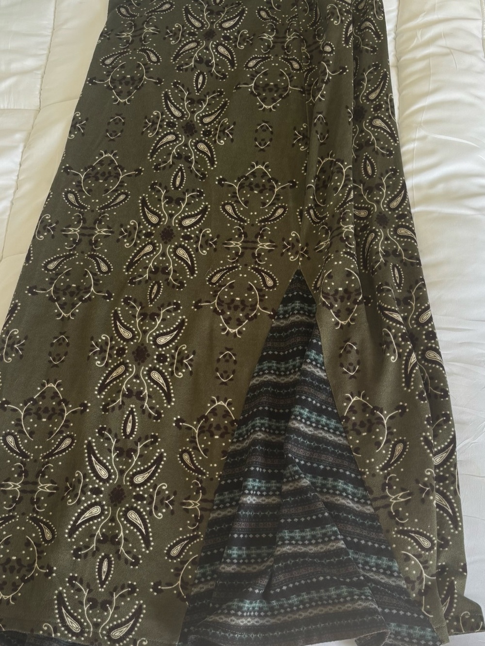 sahalie Olive Green Printed Maxi Skirt with Contrasting Inner Panel